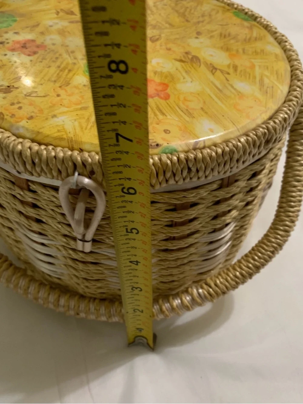 Vintage Round Woven Wicker Sewing Basket Box Japan Floral Quilted Cushion Lid